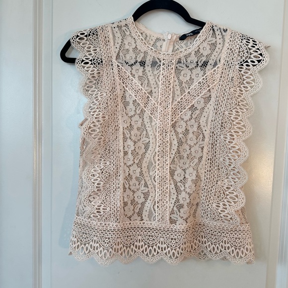 Zara Blush Pink/Beige Lace Cap Sleeves Floral Lace Doily Top, Small - Picture 11 of 13
